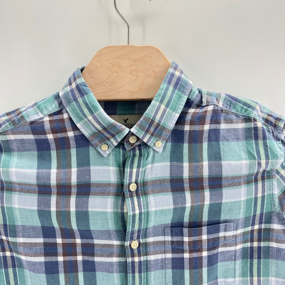 American Eagle Seriously Soft Plaid Shirt Size M Linen Cotton Teal Blue Casual - Picture 2 of 9